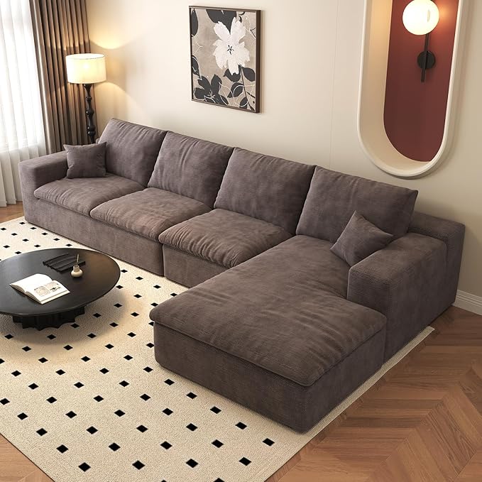 136.6'' L-Shaped Modern Modular Sectional Cloud Couch, 4-Seat Chenille Deep-Seat Sofa with Pillow for Living Room, Bedroom, Apartment, Camel