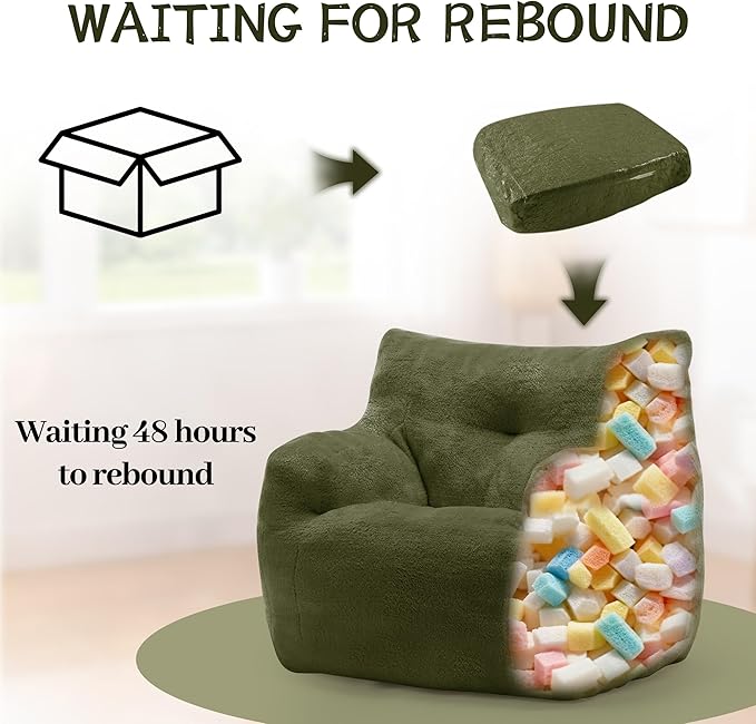 Bean Bag Chair, Comfy Bean Bag Sofa with Armrests & Back Support, Shredded Foam Filled Floor Couch for Adults, Fluffy Cloud Chair for Bedroom/Dorm/Reading, Single, Green