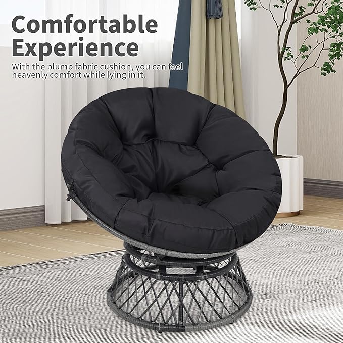 Kromax 40" Ergonomic Wicker Papasan Chair, 360° Swivel Round Egg Chair with Soft Thick Cushion, Indoor Outdoor Use for Living Room, Bedroom, Reading Room, Grey Frame with Black Cushion
