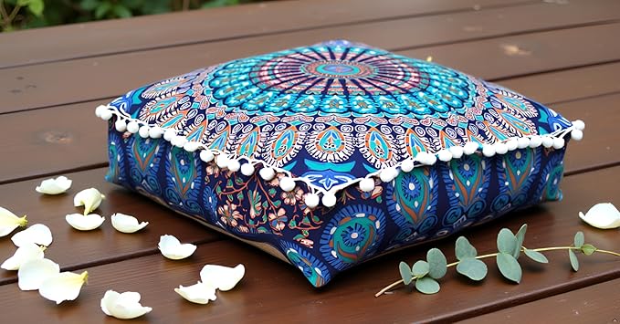 CRAFT KALA Blue Peacock Large Hippie Mandala Meditation Floor Ottoman Pillow Cushion Pouf Cover Square Poufs Bohemian Circle Floor Cushion Case Outdoor Fireplace Living Room Decor Cover 16" Square