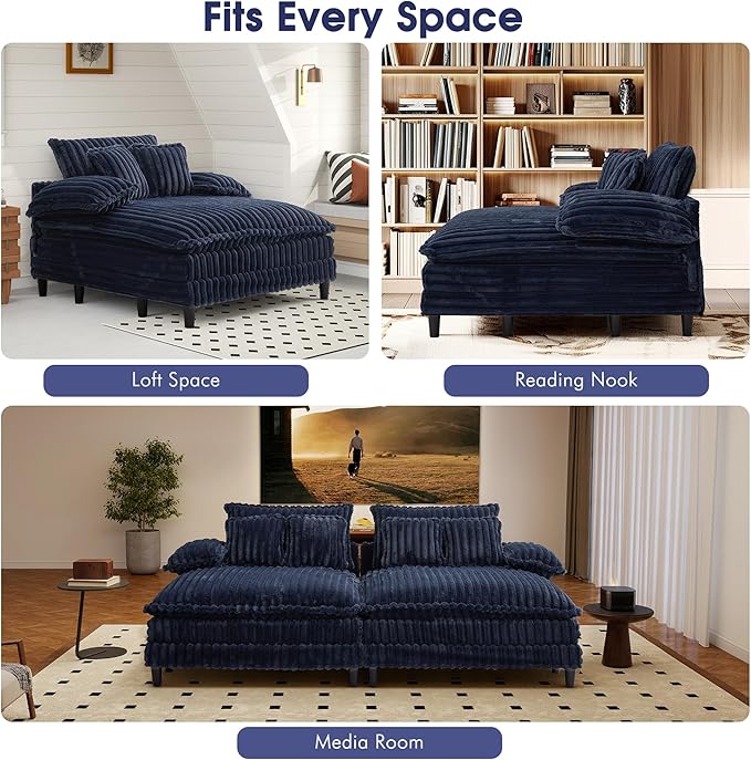 54.8" W Oversized Chaise Lounge Chair Indoor with 5-Position Adjustable Backrest, Plush Sleeper Sofa Bed with Pillows, Upholstered Cloud Couch Chair for Living Room, Study Room, Navy Blue