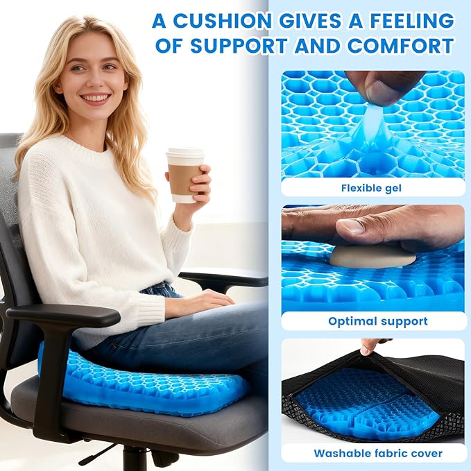 Anzeng Gel Seat Cushion for Long Sitting, Gel Cushion for Pressure Relief, Soft & Breathable, Chair Cushion for Office Chair, Car, Wheelchair, Seat Cushion with Non-Slip Black Cover