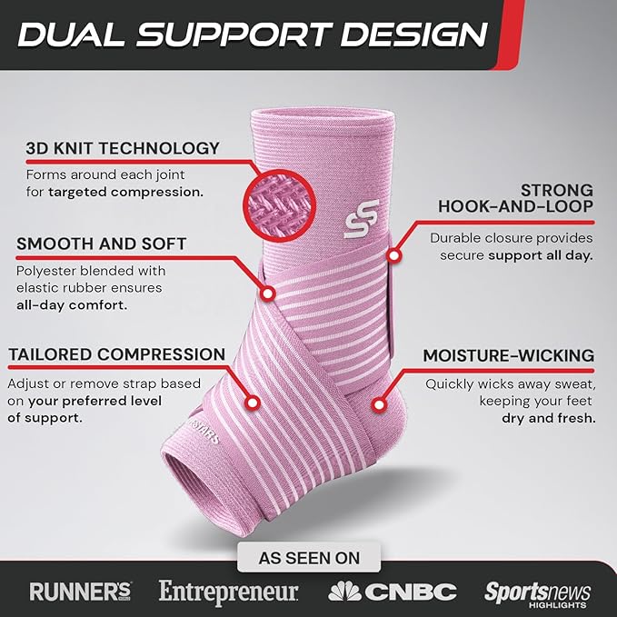 Sleeve Stars Ankle Brace for Women & Men, Ankle Wrap for Sprained Ankle, Compression Sleeve for Plantar Fasciitis Relief, Easy Customizable Support: w/Removable Strap (Single/S:9"-10"/Baby Pink)