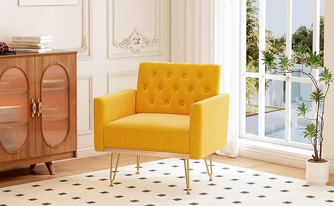 Accent Chair for Living Room, Comfy Oversized Velvet Upholstered Arm Chairs, Mid Century Modern Reading Single Sofa Side Chair with Tufted Back and Gold Legs for Bedroom (2, Mustard)