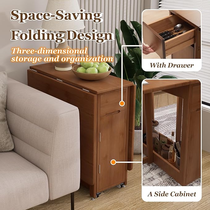 Folding Drop Leaf Dining Table with 2 Storage Space and 4 Lockable Wheels, Convertible Dining Table cart for Small Spaces Dining Room. (Brown)