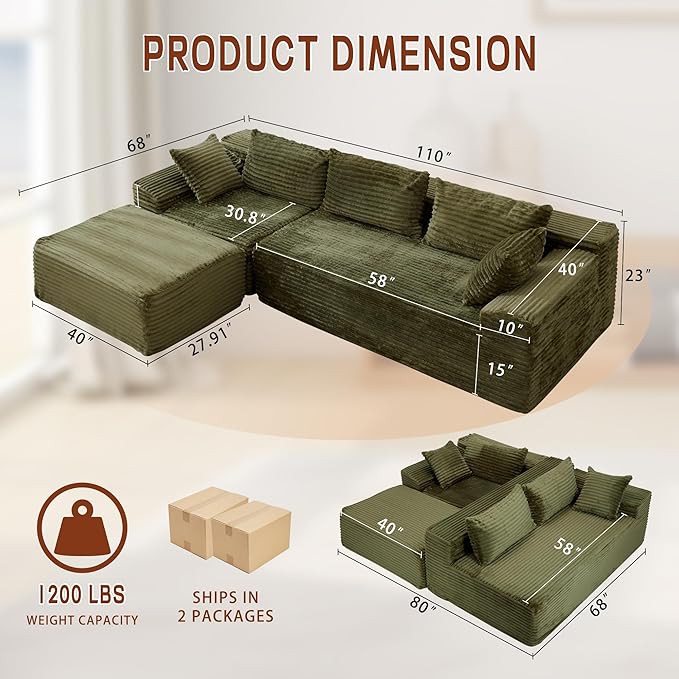 Korser 110" Sectional Couches for Living Room, Modular Sectional Sofa with L-Shape Chaise, Cloud Couch, Comfy Corduroy Fluffy Couch with Deep Seat and Side Pockets