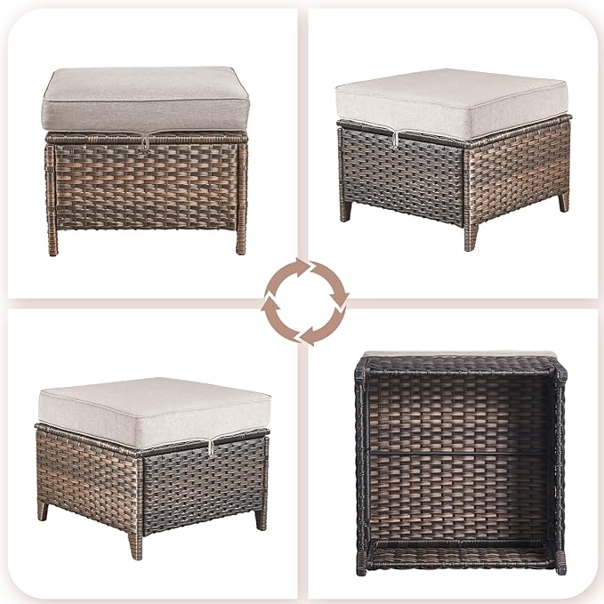 ACTREST Patio Ottoman Outdoor Wicker Side Table - 2PCS Multipurpose Heavy Duty All-Weather Brown Rattan Extra Seating Bench Footrest Footstool for Garden Back Porch Poolside Apartment - Beige
