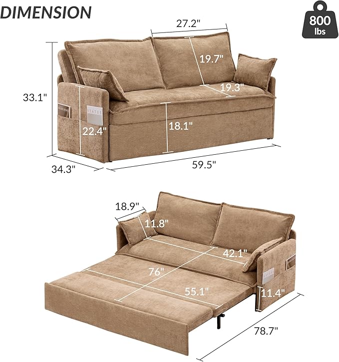 GRAINLLE Pull Out Couch,Loveseat Convertible Sleeper Sofa Bed with USB,Pull Out Sofa Bed Side Storage,2 Pillows,Corduroy Sleeper Couch for Living Room,Bedroom,Apartment,Pet-Friendly (Khaki, 59.5'')