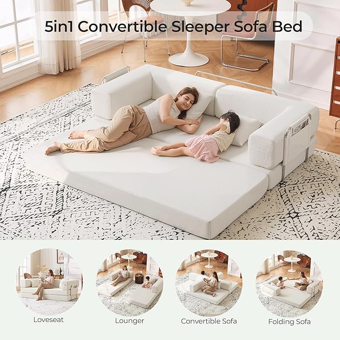 Carzzi-Life 79" Convertible Sofa Bed with Pillows, Corduroy Folding Sleeper Sofa with Fixed-Shape Frame, Boneless Couch for Living Room Bedroom, Floor Sofa Lounge No Assembly Required (Beige)