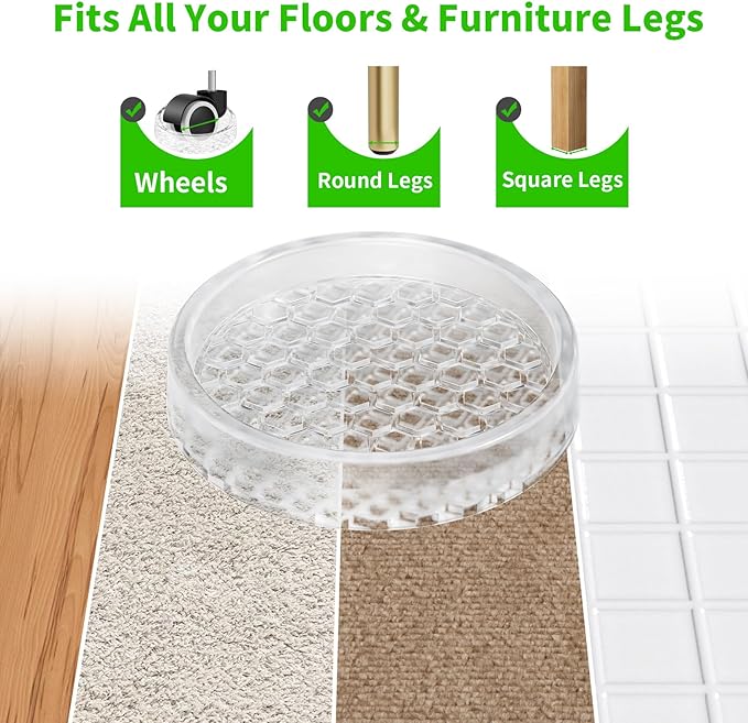 GAGUIUP Clear Non Slip Furniture Pads - 2" Anti Slide Caster Cups, 8PCS Round Furniture Coasters for Hardwood Floors & Carpet, Wood Floor Protectors for Furniture Leg, Table Chair Couch Bed Stoppers