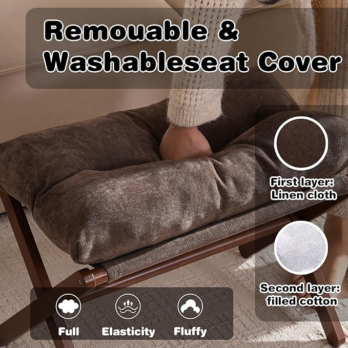 Folding Foot Stool, Small Accent Ottoman with Thick Cotton Cushion & Bamboo X Legs, Modern Padded Sofa Stool for Makeup Bedroom Living Room (Brown)