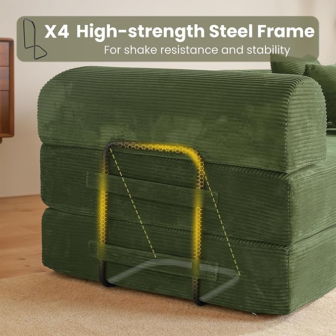79" Convertible Sofa Bed, Boneless Corduroy Sleeper Foldable Modular Couch, Memory Foam Compressed Sofa in A Box, Folding Mattress Floor Couch for Small Space Living Room Apartment Bedroom, Green