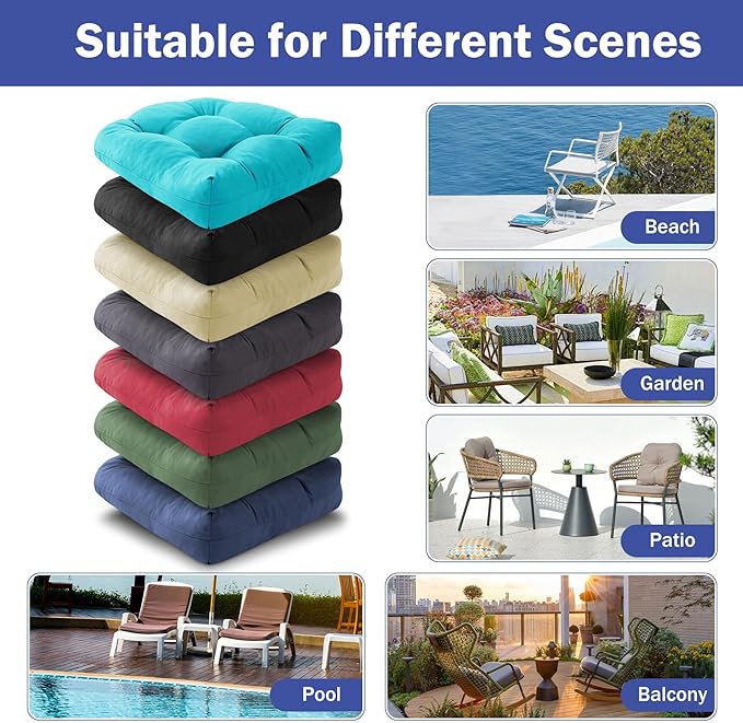 IPYNBAP Outdoor Chair Cushions Set of 4, Patio Chair Cushions with Ties, 19x19+5” Tufted Outdoor Seat Cushions, Waterproof Patio Furniture Cushions, Outdoor Dining Chair Pads, Teal