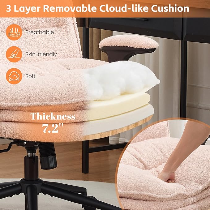 Criss Cross Chair with Flip-up Arms, Wide Criss Legged Chair with 3 Layer Cushion, Ergonomic Office Desk Chair with Wheels, Swivel Vanity Chair for Office, Living Room, Bedroom, Boucle Pink