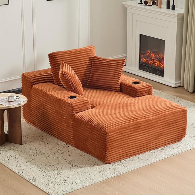 66" Oversized Chaise Lounge Sofa Chair Indoor, Modern Corduroy Single Sleeper Couch Chair with 3 Soft Pillows＆Cup Holder, Boneless Cloud Couch Single Seat Sofa Bed for Living Room Office (Brown)