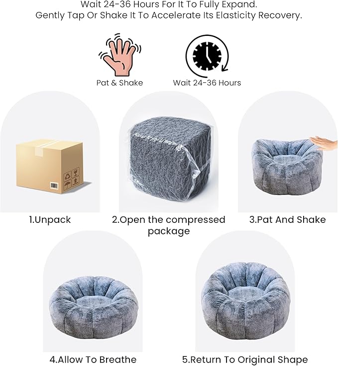 Bean Bag Chairs for Adults, Teens Youth Beanbag Reading Chair with Petal Arm Rest, Comfy Faux Fur Fluffy Bean Bag for Living Room, Bedroom, Dorm, Game - Grey, Large, Low Support