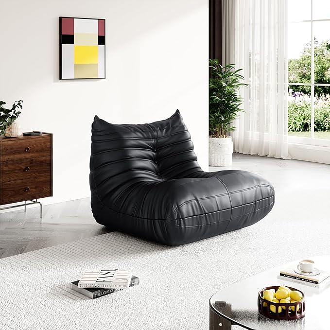 Fireside Corner Bean Bag Chairs for Adults,Comfy Lazy Floor Sofa Couch, Soft Lounge Foam-Filled Single Chair for Living Room Bedroom Office,Black