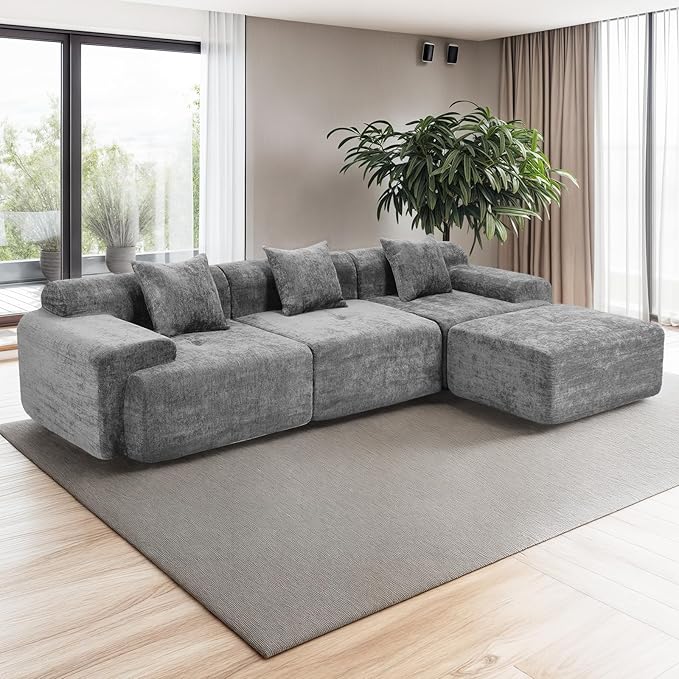 119" Modular Sectional Sofa, Cloud-Style Chenille Couch with Deep Seats & Chaise, No Assembly Compression Sectional with Throw Pillows for Living Room, Apartment, Bedroom, Grey