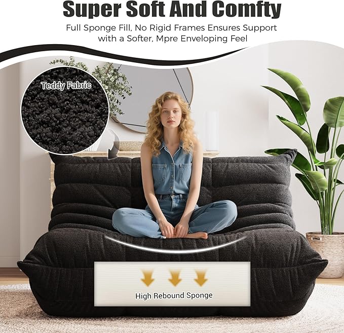 Selyteramy Bean Bag Chairs for Adults, Giant Bean Bag Chair Sofa with Memory Foam, Comfy Beanbag Loveseat Lazy Sofa for Living Room, Bedroom, Apartment, Black