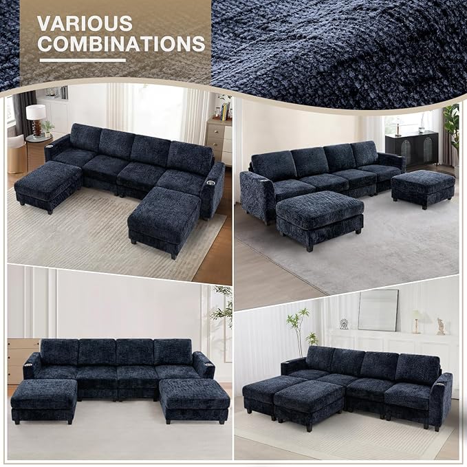 Lesofair 110" Chenille Sectional Sofa with Movable Ottomans, Modular U-Shape Couch with Cup Holders, Convertible 4 Seater Sofa with Well-Filled Backrest Cushions for Living Room, House, Blue