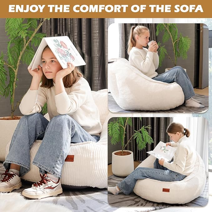 Bean Bag Chair, Cozy Fluffy Beanbag Chairs with Filler for Teens and Kids, Floor Lazy Sofa for Living Room, Gaming & Reading（M-White）