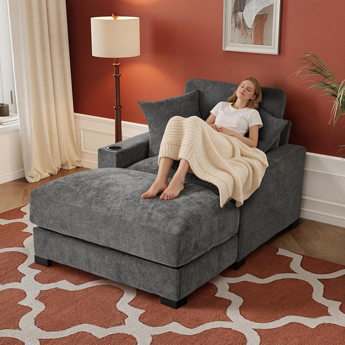 Oversized 60" Chaise Lounge Sofa, Chaise Lounge Recliner with Adjustable Backrest, Built-in Cup Holder USB and Type-C Port, 2 Pillows, Sleeper Couch with Deep Seat for Living Room, Bedroom, Gray