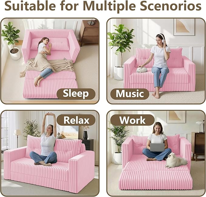 HABUTWAY Folding Sofa Bed, 2 in 1 Convertible Sleeper Chair with Pillow, Portable Fold Out Chair Bed with Armrest, Comfy Floor Couch, Lazy Sofa for Living Room Bedroom Dorm Home Office, Pink
