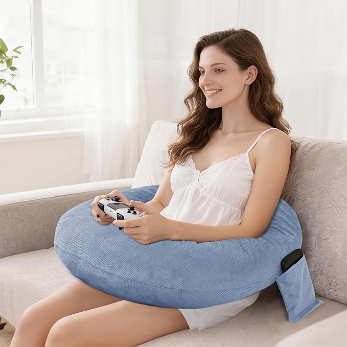 DWCN Reading Pillow for Gaming, Gaming Pillow for Lap Support with Side Pocket & Back Strap for Bed, Sofa, Floor - Arm Rest Pillow for Playing, Working, Sitting, Crocheting (Blue)