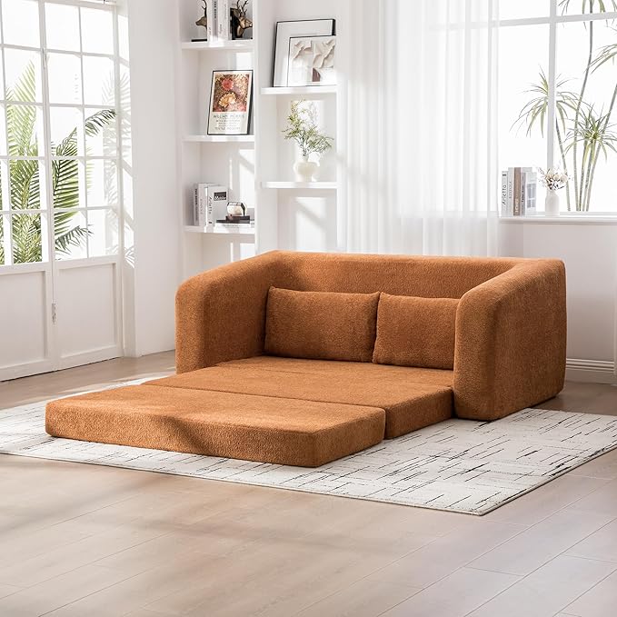 71" Foldable Sofa Bed, Chenille Loveseat with Armrest and Backrest Pillows, Convertible Boneless Couch, Modern Floor Couches for Living Room, Guestroom and Apartment