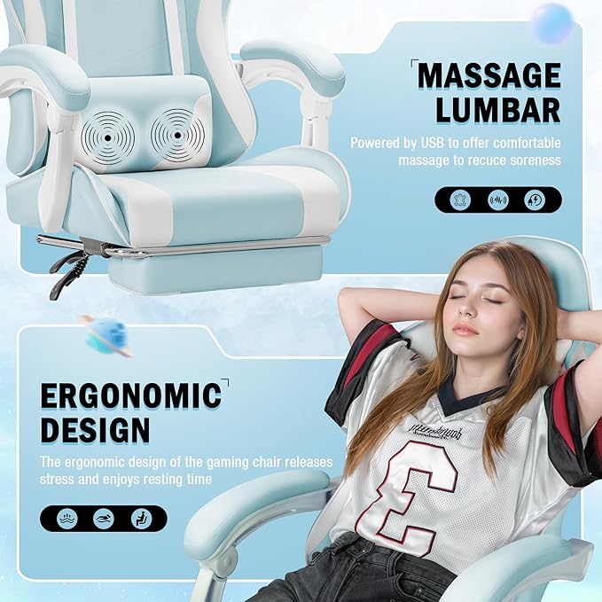 Homall Gaming Chair, Video Game Chair with Footrest and Massage Lumbar Support, Ergonomic Computer Chair Height Adjustable with Swivel Seat and Headrest (Light Blue)