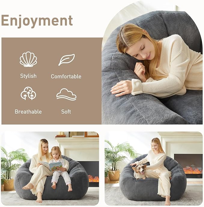 HUGHEAVEN Giant Bean Bag Chair, Oversized Bean Bag Chairs for Adults and Kids,Bean Bag Chairs for Teens,Comfy Fluffy Bean Bag Chair with Armrests,Bean Bag Sofa Lounge Floor Sofa for Gaming, Reading