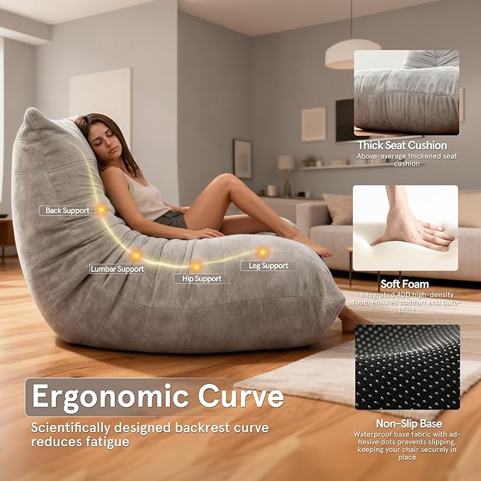 Sytopia Loveseat Bean Bag Chair, Oversized Reading Chair for Adults Ultra-Comfy, Corner Floor Sofa 40D Foam, Togo Sofa Furniture for Living Room Bedroom Gaming, Urban Grey