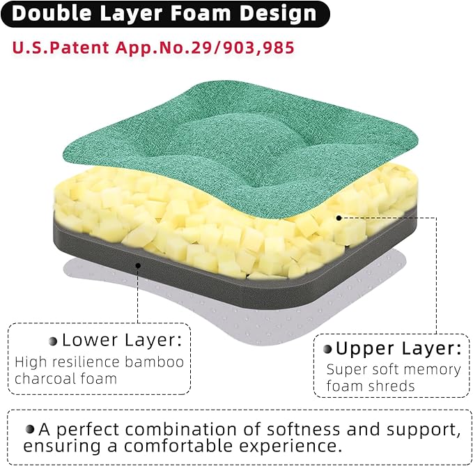 GOFORIT Memory Foam Cushion，Square Seat Cushions for Dining Chairs,Non-Slip Chair Pads with Removable Cover, 16'' x 16'', 2 Pack,Green