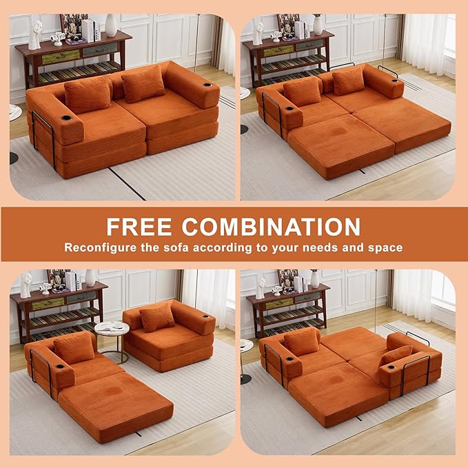 78" Loveseat Sleeper Sofa, 4 in 1 Convertible Floor Sofa Bed, Boneless Cloud Couch with Cup Holder, Fold Out Floor Couch for Living Room Bedroom Lounge, Corduroy, Orange