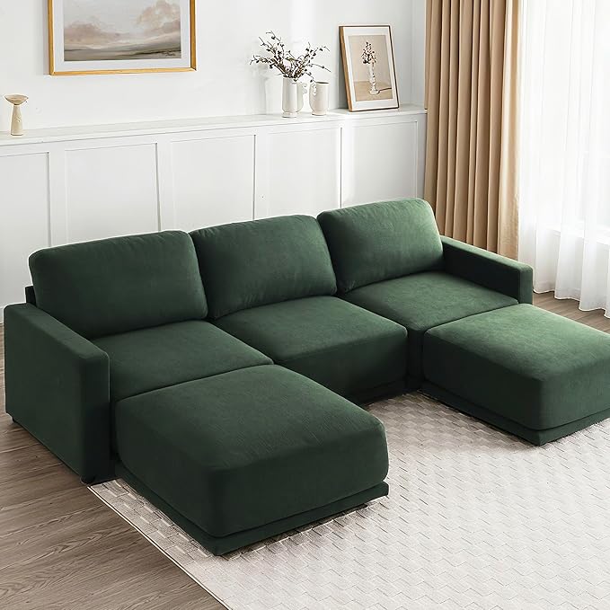 CAPCAPA 112" Modular Sectional Couches for Living Room, U-Shaped Modern Sofa with Ottomans, 5-Piece Chenille Sofa Set for Home Furniture, Dark Green