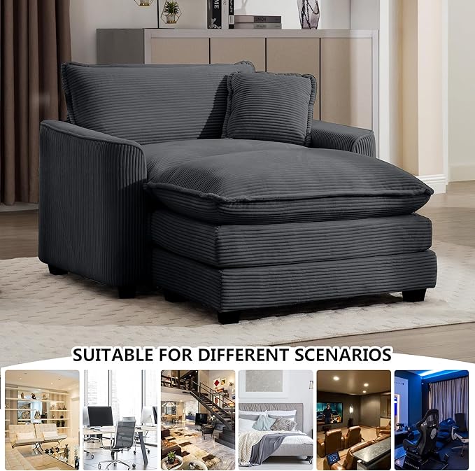 Aoowow Corduroy Large Armchair with Ottoman,Upholstered Indoor Chaise Lounge Chair,Oversized Single Sofa Chairs with Footrest,Single Cloud Sofas Couches for Living Room (Grey, Sofa Chair + Ottoman)
