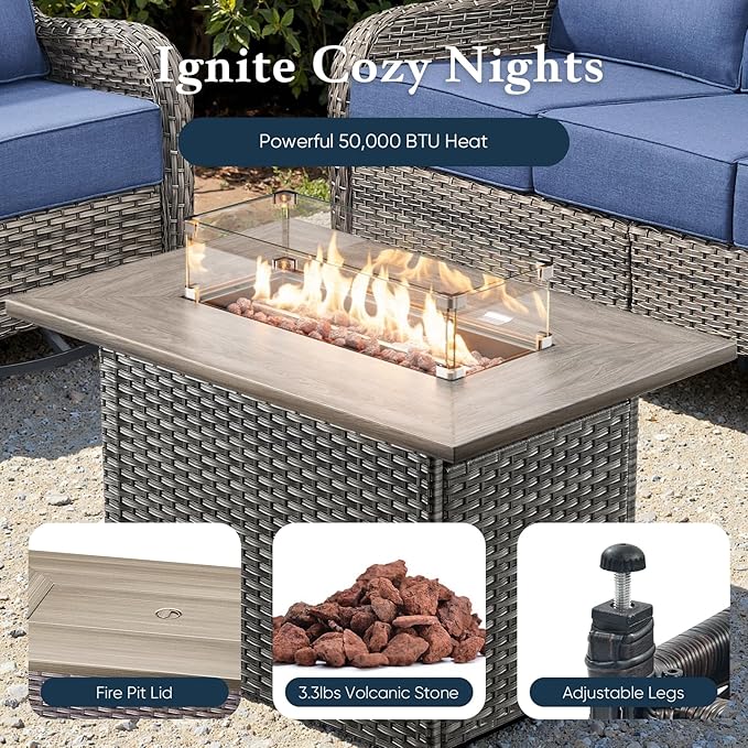 Belord Luxury 6" Thick Cushioned Outdoor Swivel Rocker Chairs Set of 4 with Fire Pit Table, High Back Wicker Patio Furniture Set with Ergonomic Zone Back, Conversation Set for Deck Porch - Grey+Grey