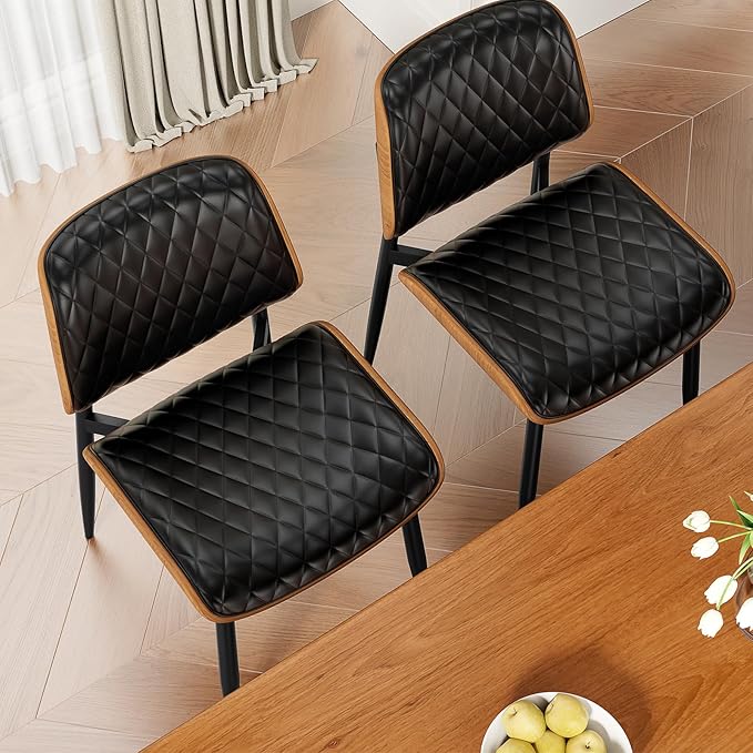 Dining Chairs Set of 2, Mid-Century Modern Upholstered PU Leather Chairs with Walnut Back and Metal Legs Adjustable Feet for Kitchen Dining Room, Black Diamond Plaid