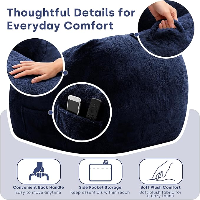 SUNBURY 47.2" L-Shaped Bean Bag Chair with Arms, Memory Foam Filled Lazy Sofa with Portable Handle & Side Pocket, Plush Floor Chair for Adults, Game Room, Bedroom, Living Room (Blue)
