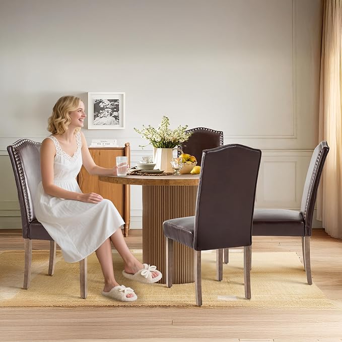 SNUGWAY Upholstered Dining Chair Stylish Parsons Kitchen High Back with Silver Nailhead Trim & Wood Legs, 4-Pack, PU Dark Brown
