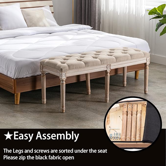 DM Furniture Tufted Dining Bench French Vintage Fabric Upholstered Wood Dining Room Bench Rustic Entryway Bench Bedroom End Bed Bench, Beige 48" Long
