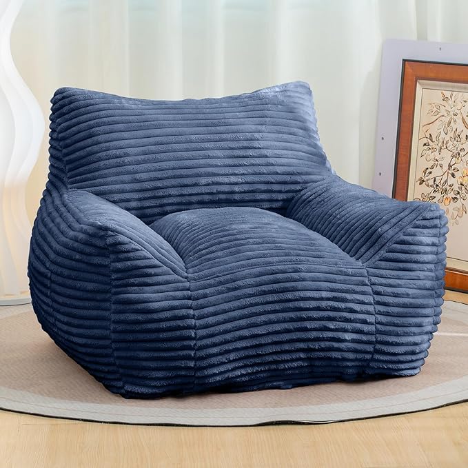 Giant Bean Bag Chair for Adults, Corduroy Upholstered Beanbag Chair with Side Pocket, Comfy Bean Bag Sofa with Portable Handle, Floor Sofa Chair for Bedroom (Blue)