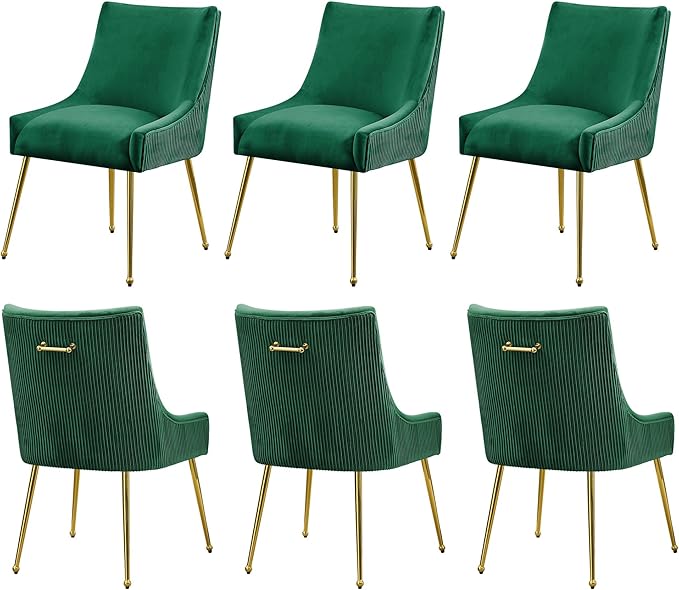 WUTUTUEE Velvet Dining Chairs Set of 6 Gold Legs,Upholstered Velvet Accent Chairs, Pleated Back Design & Gold Pull Handle, Mid Century Modern Chairs for Dining/Kitchen/Living Room,Green
