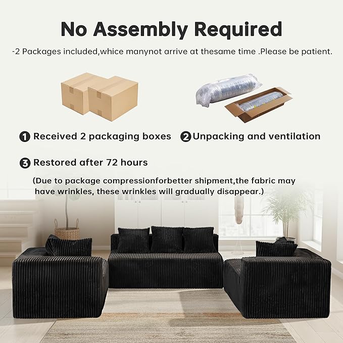 130" Boneless Couch, Cloud Couch Sectional, Corduroy Sofa for Living Room, U Shaped Modular Sofa with Chaise, No Assembly, 4 Seats Oversized (Black)