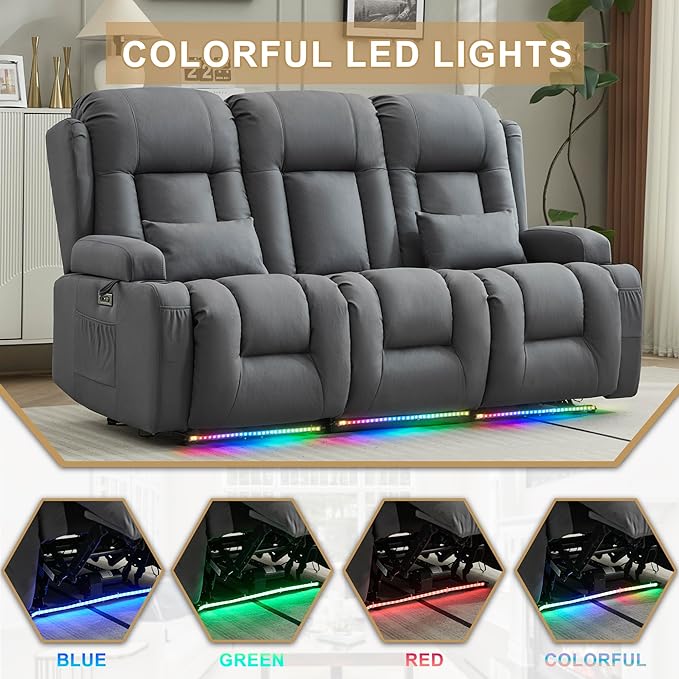 URRED Loveseat Recliner Sofa with Massage and Heat, Flip Middle Backrest Design 3 Seat Power Reclining RV Sofa Couch, Home Theater Seating with LED Lights, USB Ports, Outlets, Leathaire Blue