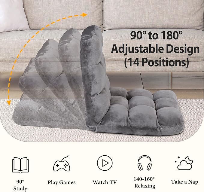 Epetlover 14-Position Adjustable Floor Gaming Chair Foldable Memory Foam Armless Sofa Seat Couch Recliner with Comfy Back Support for Working Meditation Reading, Grey