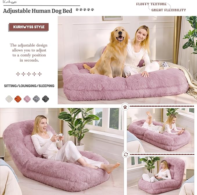 Upholstered Human Dog Bed for Adult & Pets, Convertible Lazy Sofa Bed with 5 Adjustable Position, Comfy Tatami Bean Bag Lounge Chair with 2 Soft Pillows for Bedroom Living Room (Pink Fluffy)