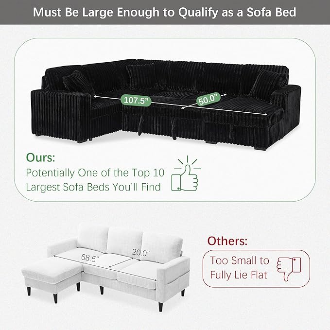 Olodumare Oversized Convertible Sectional Sofa Bed for Living Room, Modern 122’’ Corduroy Upholstered U-Shaped Couch with Right Chaise Hidden Storage & Pull-Out Bed, USB & Type-C Port, Polar Black