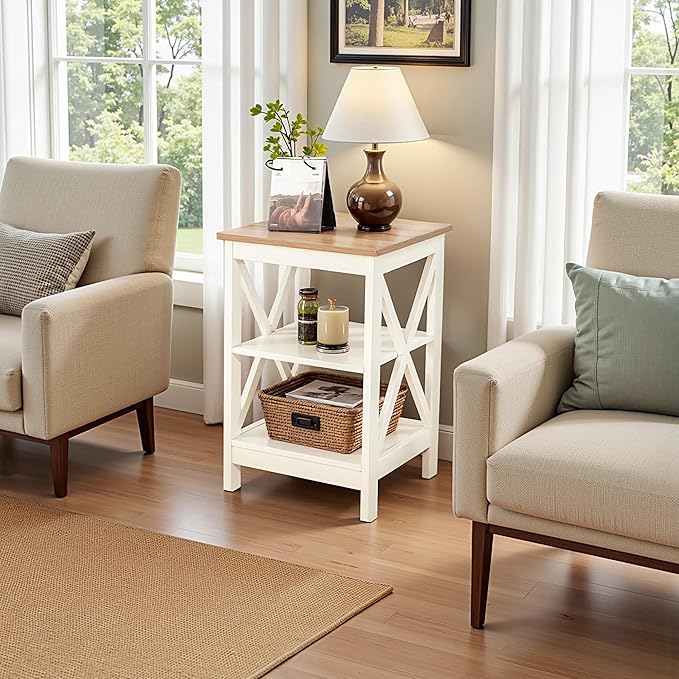 GREEN PARTY End Tables Living Room Set of 2,Side Tables with 3-Tier Storage Shelf, Small Nightstand for Bedroom, Wooden Frame,Small Coffee Table,Ivory White