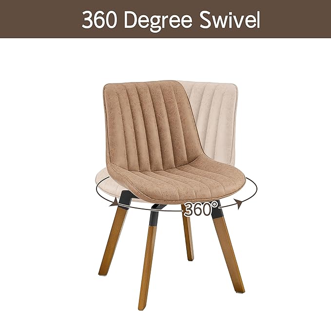Art Leon Swivel Dining Chairs - Mid Century Modern Kitchen Dining Room Chairs, Upholstered Faux Leather Armless Side Chairs with Wood Legs, Set of 4, Brown